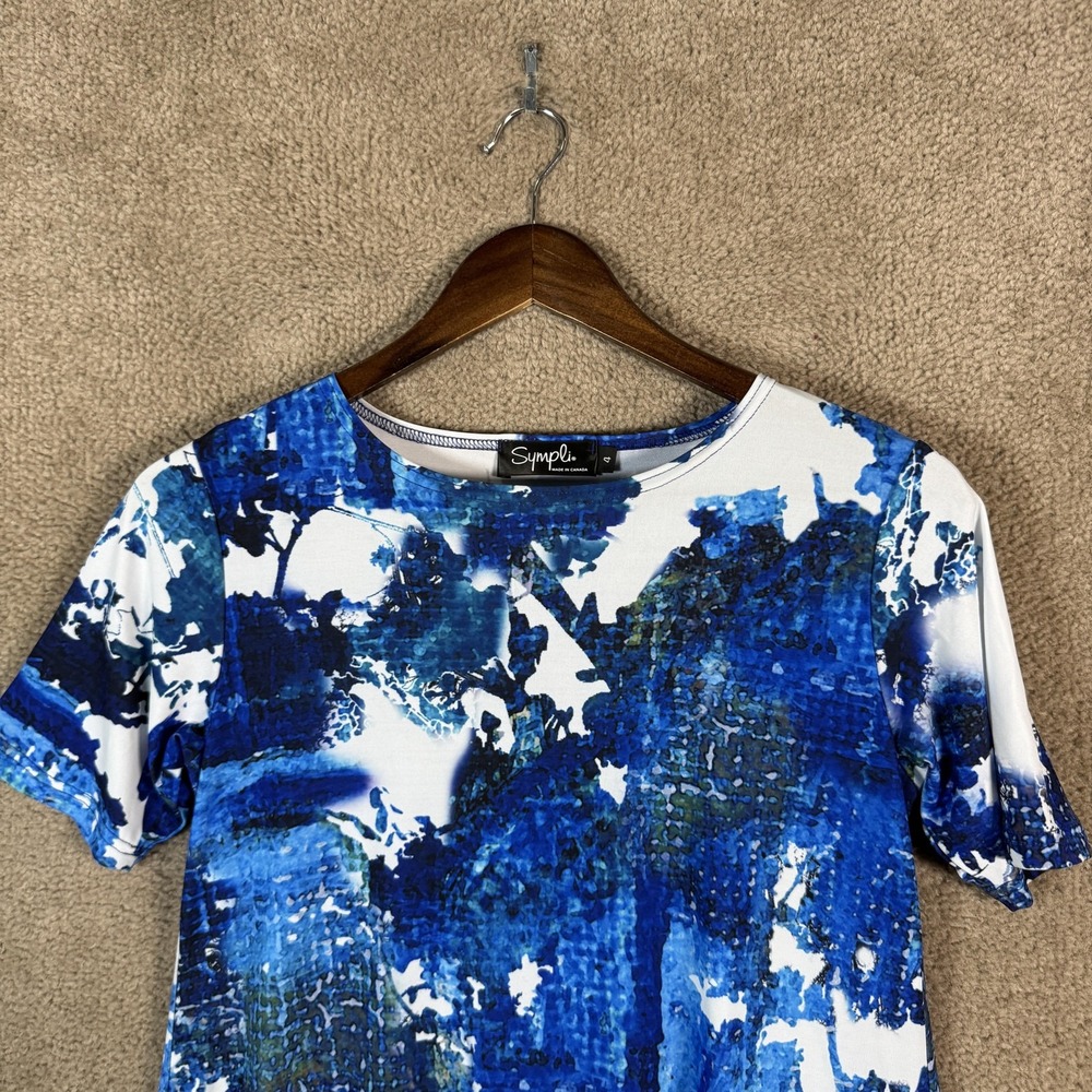 Sympli‎ T Shirt Dress Womens 4 Blue Abstract Print Short Sleeve Swing Pockets - Picture 2 of 10